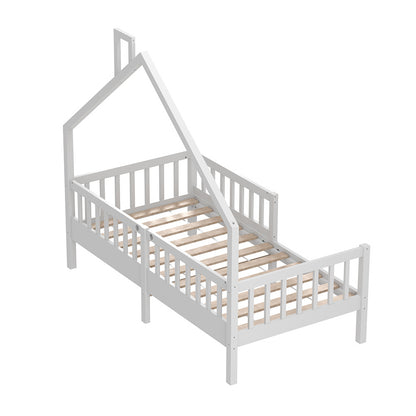 167Wx 87D White Pine Wood House Bed with Safety Guardrails