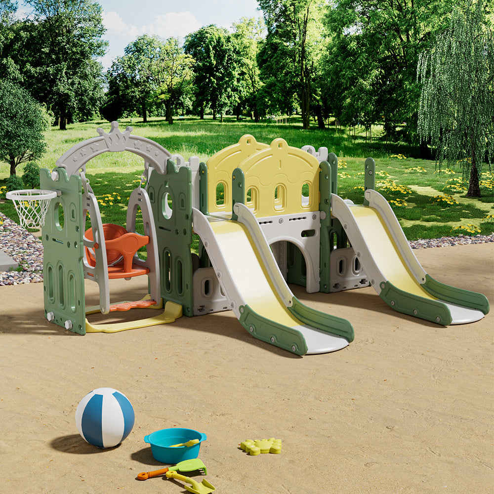 131cm H Toddler Swing and 2 Slides Playset, with Basketball Hoop