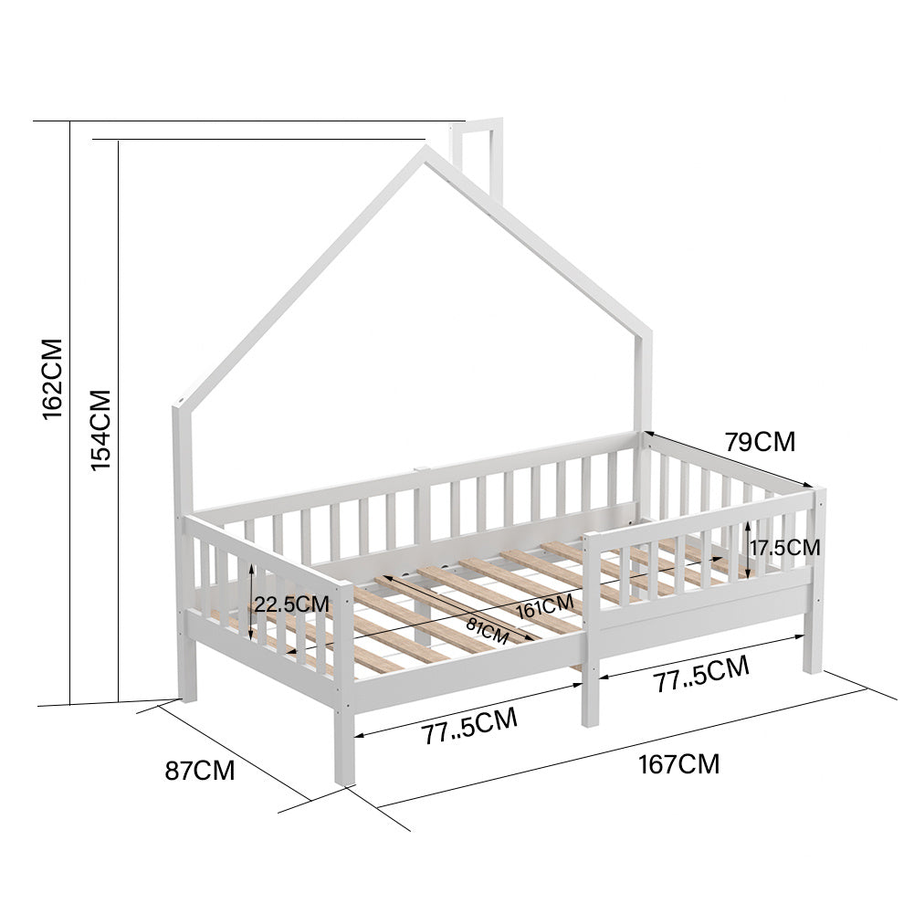 167Wx 87D White Pine Wood House Bed with Safety Guardrails