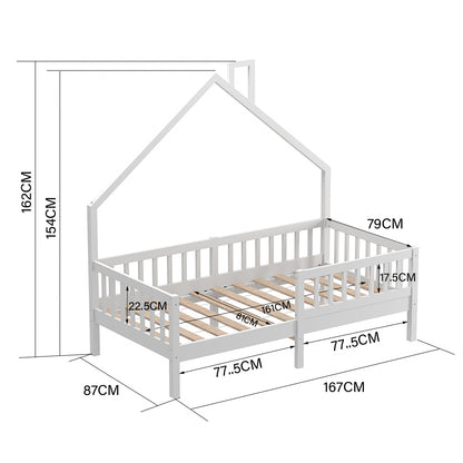 167Wx 87D White Pine Wood House Bed with Safety Guardrails