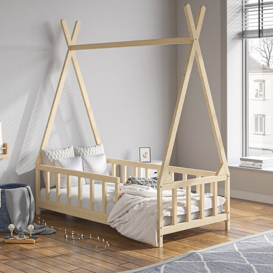 148cm W x 76cm D Kid’s Premium Wood House Bed Frame,  with Fence