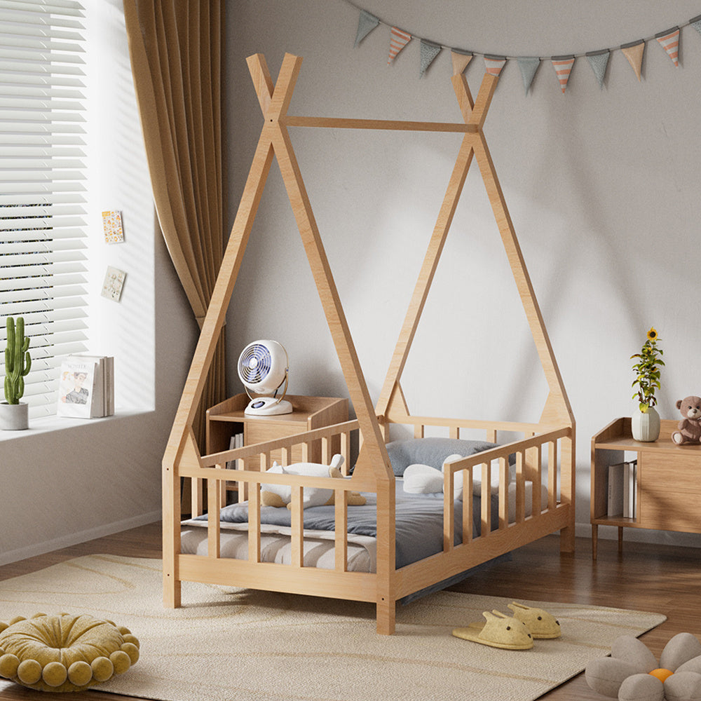 148cm W x 76cm D Kid’s Premium Wood House Bed Frame,  with Fence