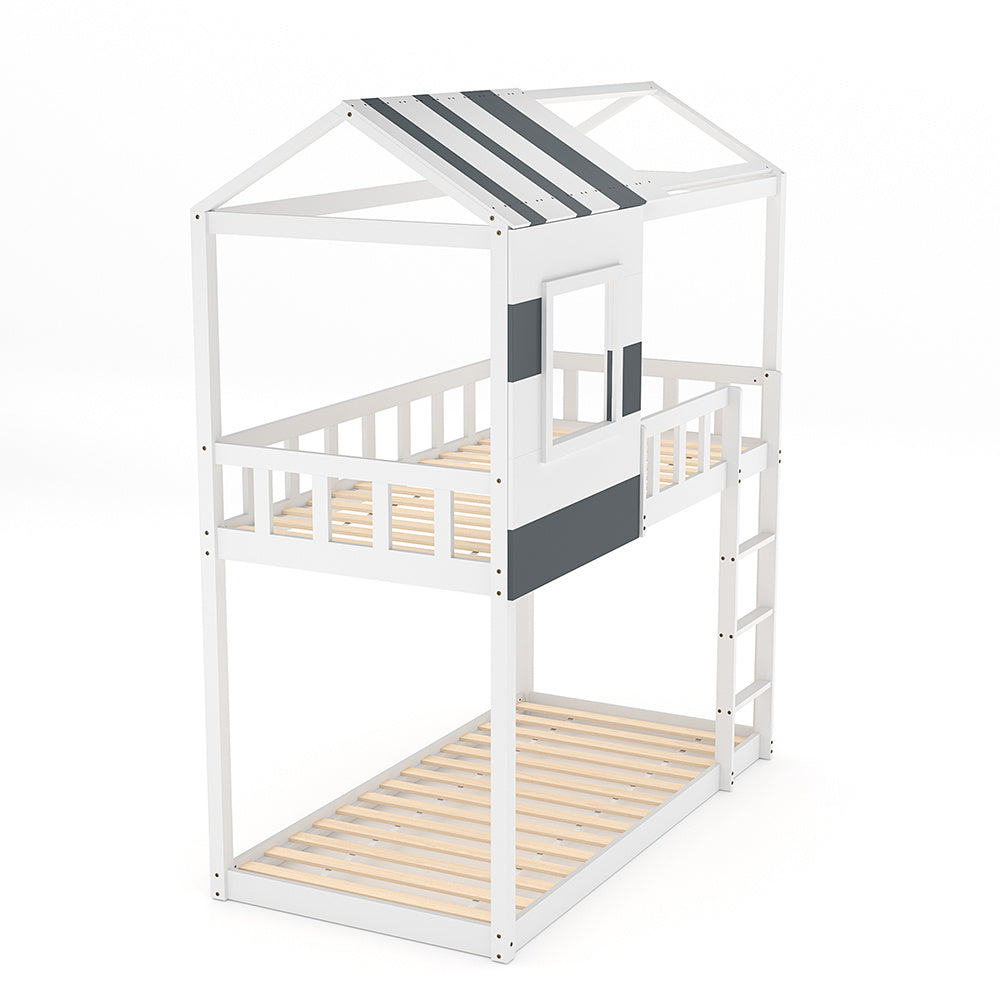 198cm W x 100cm D Modern Twin Bunk Bed, Slatted Board House Shaped