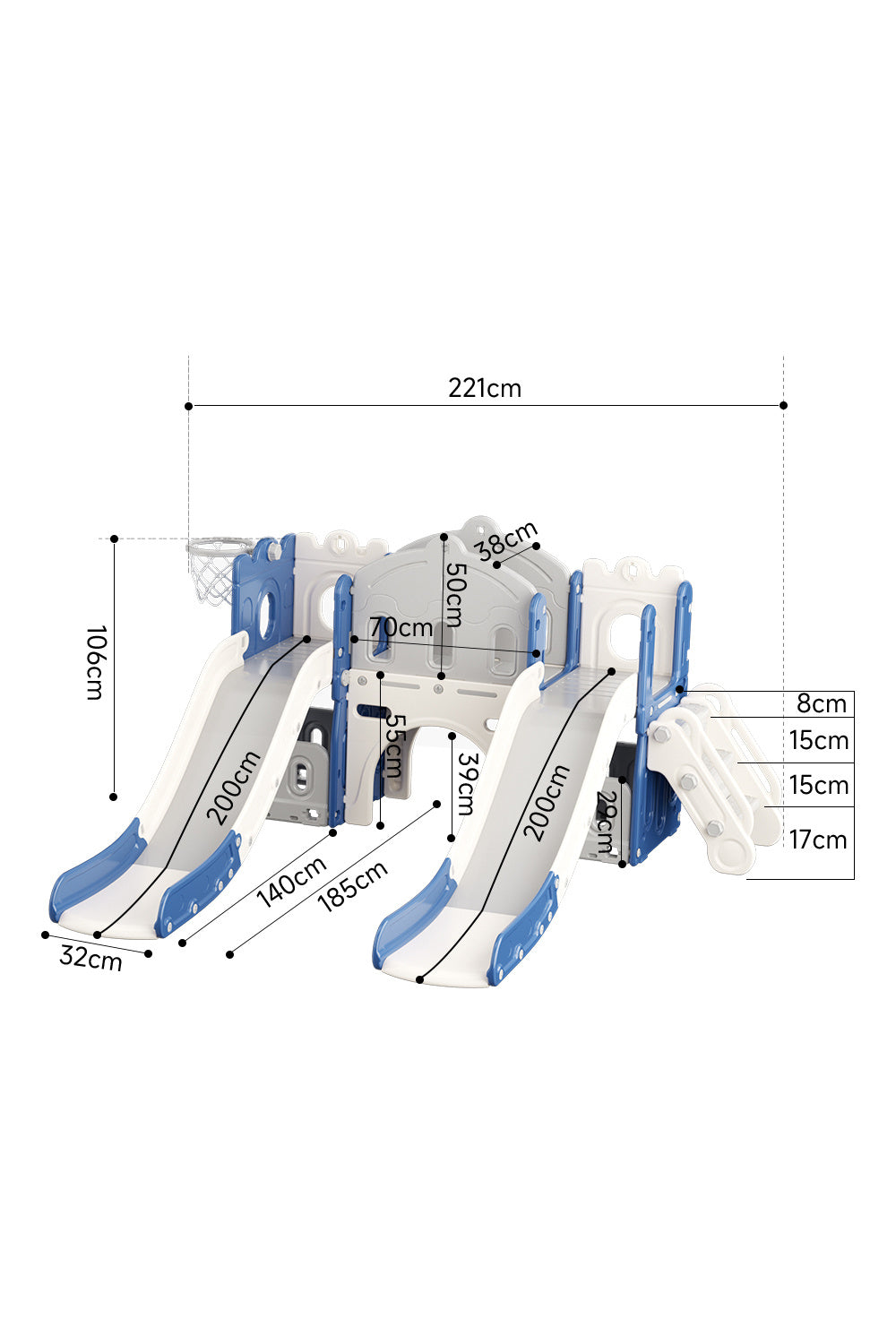 115cm H Toddler Two Slides Playset, with Basketball Hoop