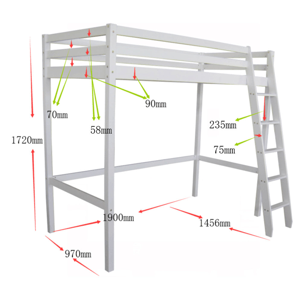 198cm W x 98cm D Modern High Bed, with Semi-inclined ladder