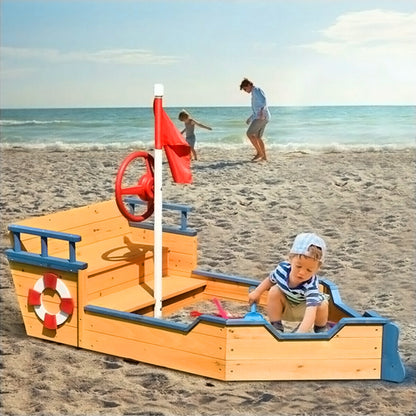 93 cm W x 190 cm  D Garden Children's Toy Wooden Sand Boat Pirate Ship , with Waterproof Floor Mat