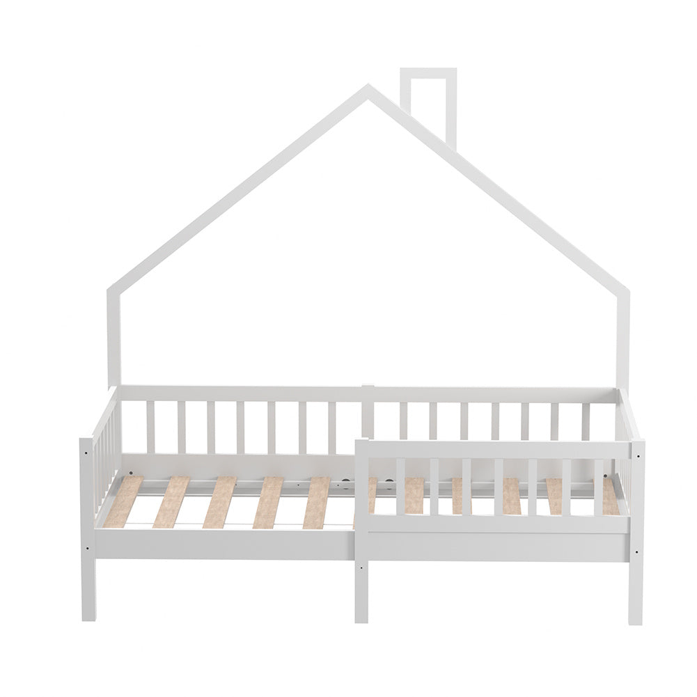 167Wx 87D White Pine Wood House Bed with Safety Guardrails