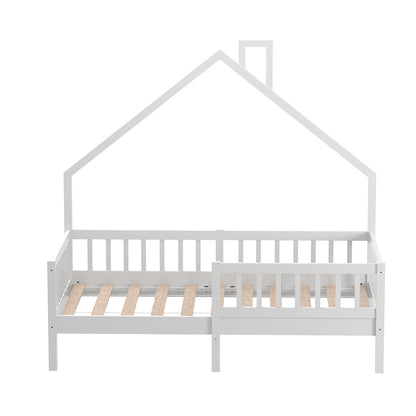 167Wx 87D White Pine Wood House Bed with Safety Guardrails