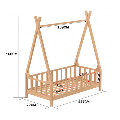 148cm W x 76cm D Kid’s Premium Wood House Bed Frame,  with Fence