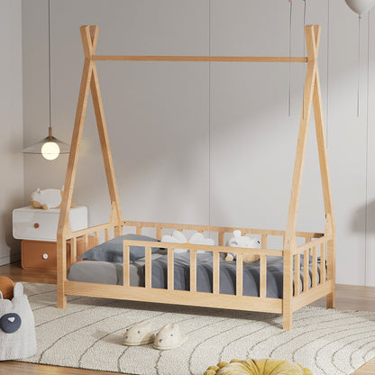 148cm W x 76cm D Kid’s Premium Wood House Bed Frame,  with Fence