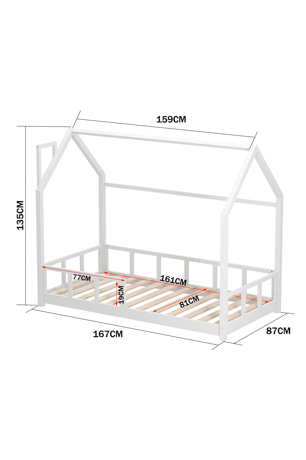 167cm W x 87cm D  Kid’s Bed with House Frame Pine Wood