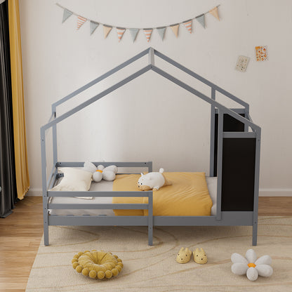 197cm W x 97cm D Kid’s Bed with House Frame Pine Wood, with Blackboard