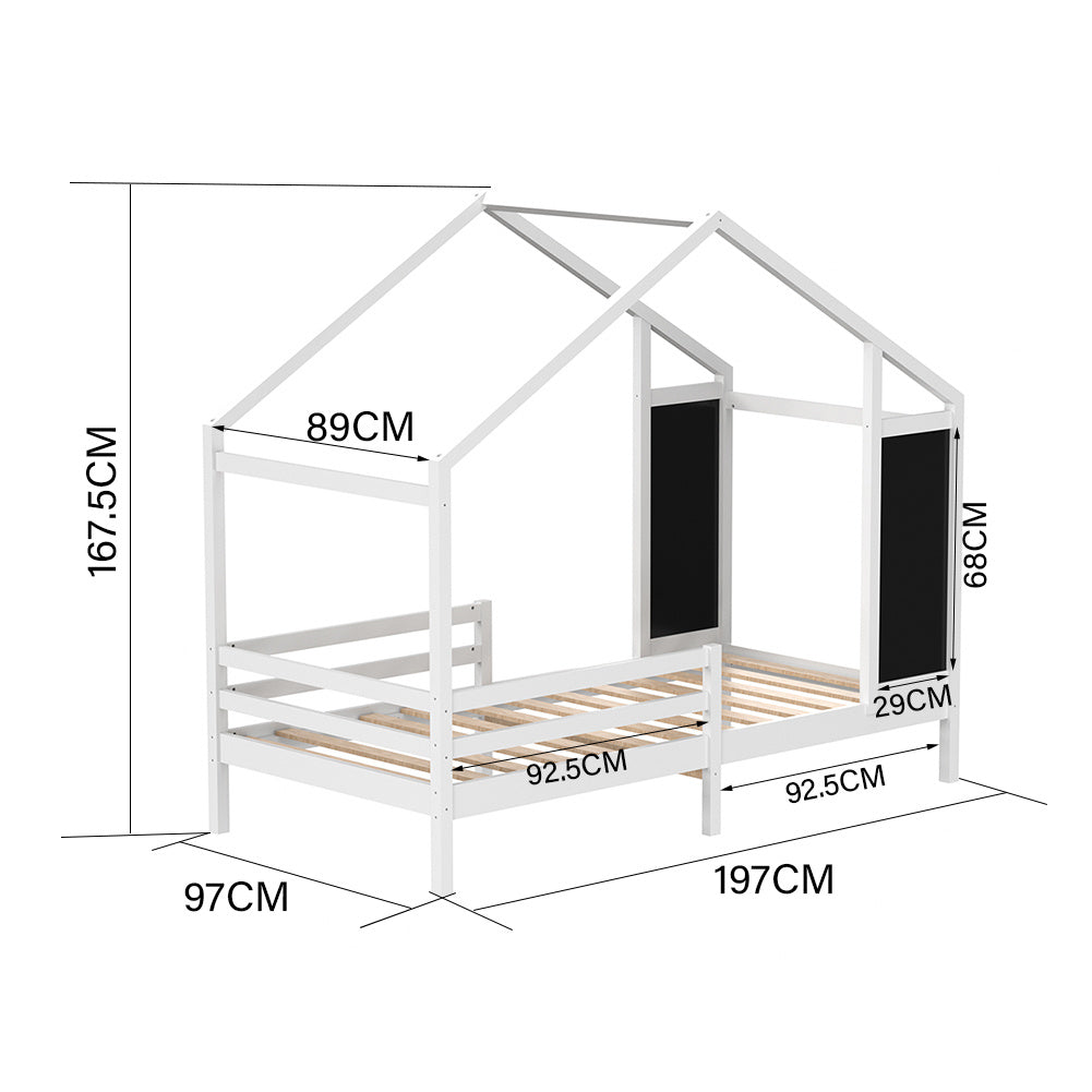 197cm W x 97cm D Kid’s Bed with House Frame Pine Wood, with Blackboard