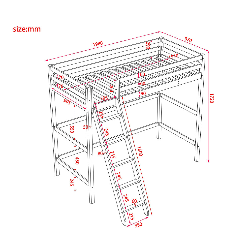 198cm W x 98cm D Children's  Pine Semi-inclined Ladder High Bed - Double Cross Brace