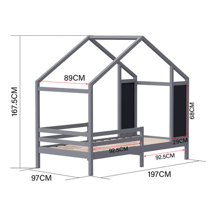 197cm W x 97cm D Kid’s Bed with House Frame Pine Wood, with Blackboard