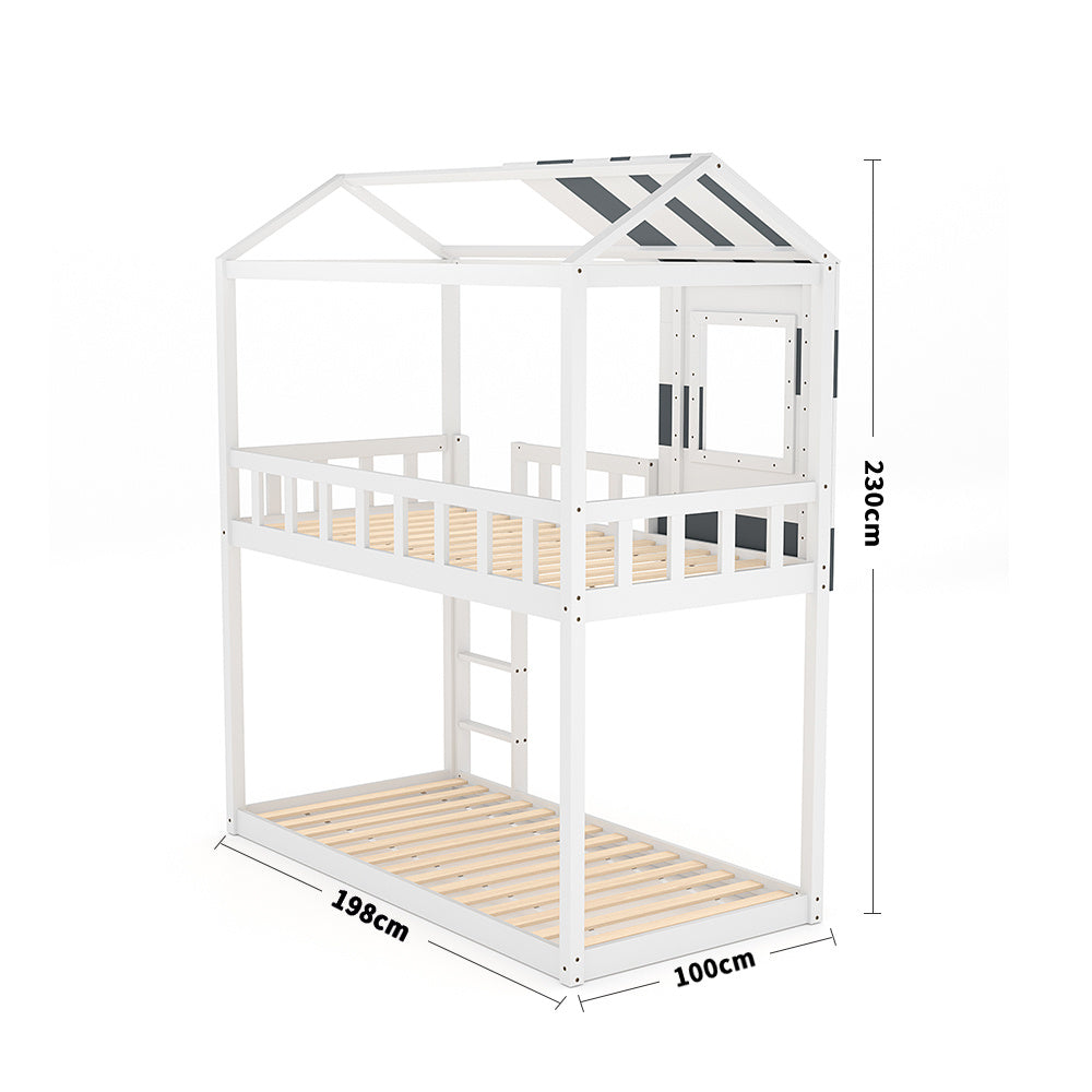 198cm W x 100cm D Modern Twin Bunk Bed, Slatted Board House Shaped