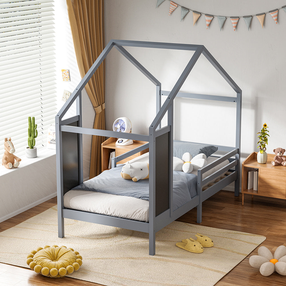 197cm W x 97cm D Kid’s Bed with House Frame Pine Wood, with Blackboard