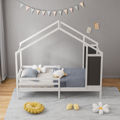 197cm W x 97cm D Kid’s Bed with House Frame Pine Wood, with Blackboard