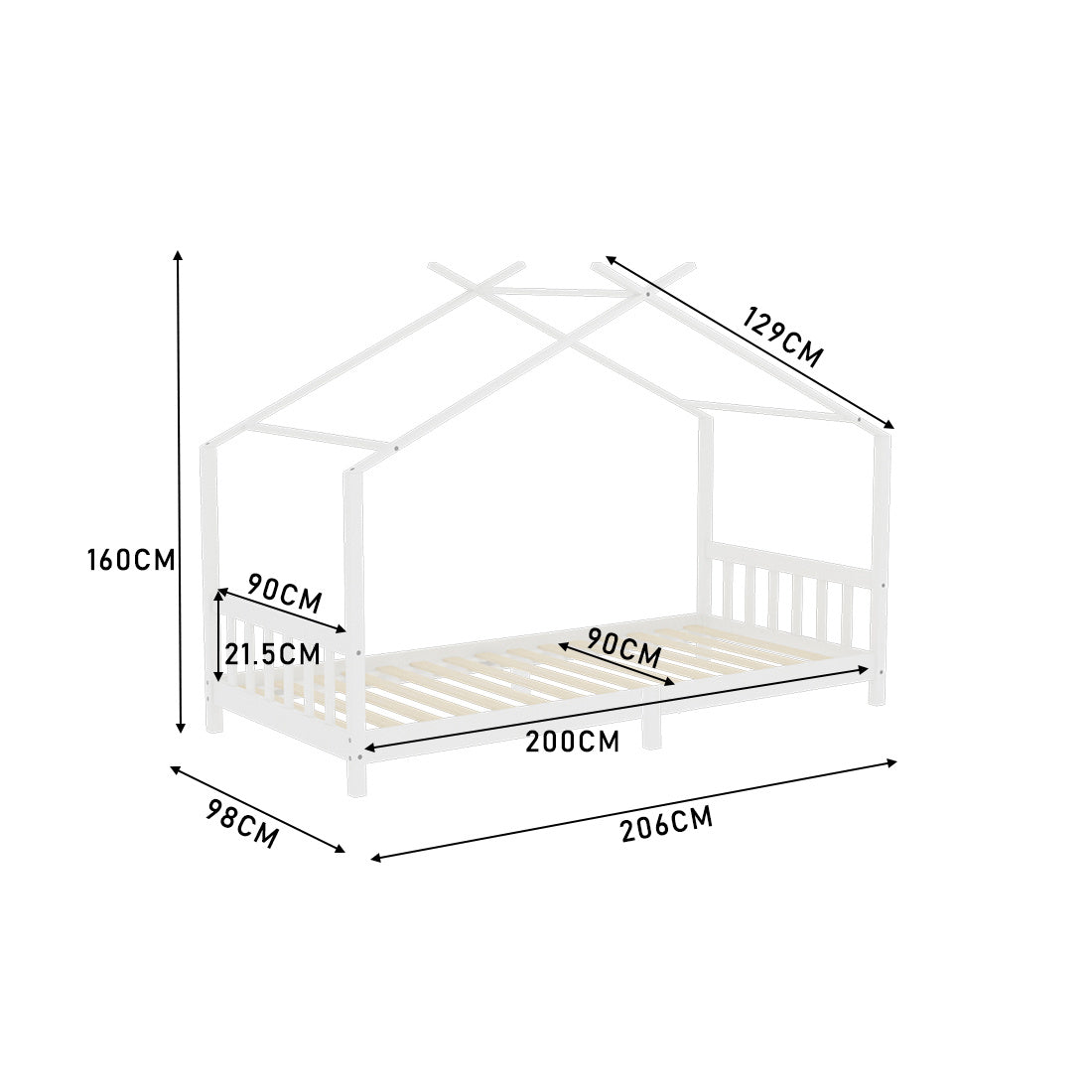 200cm W x 90cm D Nordic Pine Wood House Single Bed Frame with Roof for Toddler Kids