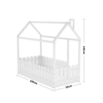 199cm W x 99cm D Wooden House Toddler Bed with Fence and Roof